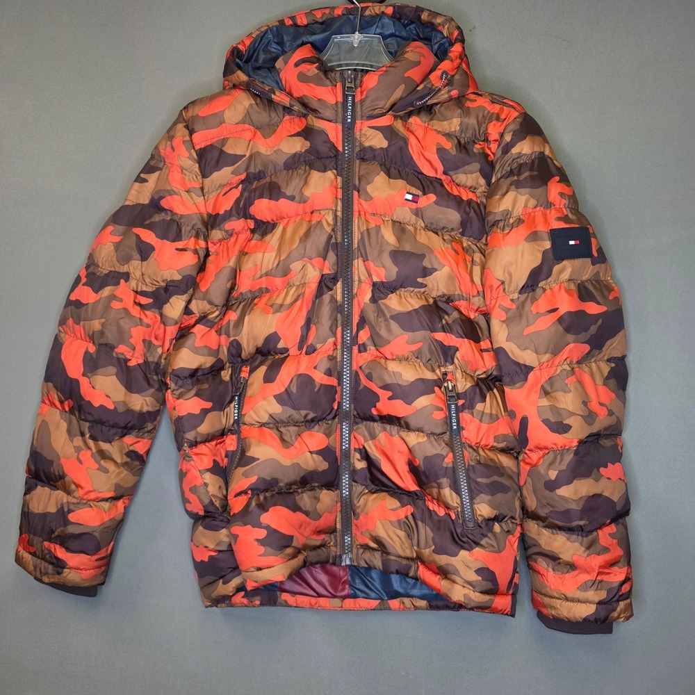Tommy Hilfiger Puffer Jacket Mens M Orange Camo Excellent Water Resistant Hooded